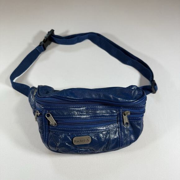 Vintage 100% Leather 90s Mod Grunge Punk Belt Bag Fanny Pack - Blue Adjustable - Picture 1 of 11